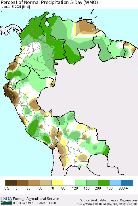 Northern South America Percent of Normal Precipitation 5-Day (WMO) Thematic Map For 1/1/2021 - 1/5/2021