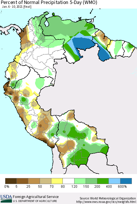 Northern South America Percent of Normal Precipitation 5-Day (WMO) Thematic Map For 1/6/2021 - 1/10/2021