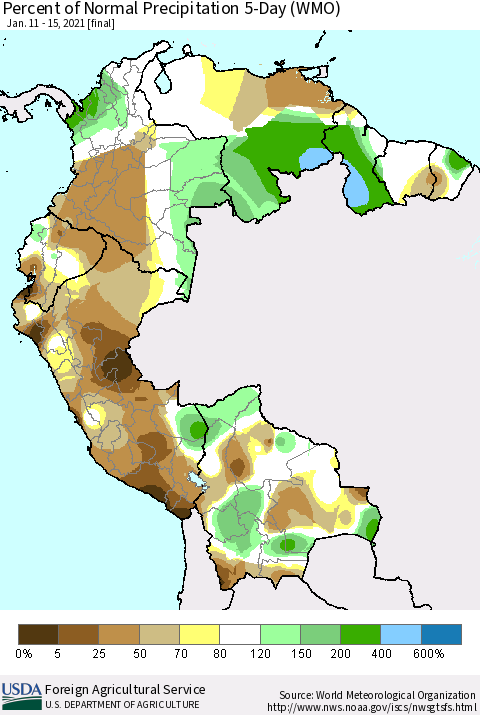 Northern South America Percent of Normal Precipitation 5-Day (WMO) Thematic Map For 1/11/2021 - 1/15/2021