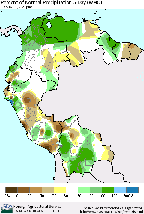 Northern South America Percent of Normal Precipitation 5-Day (WMO) Thematic Map For 1/16/2021 - 1/20/2021