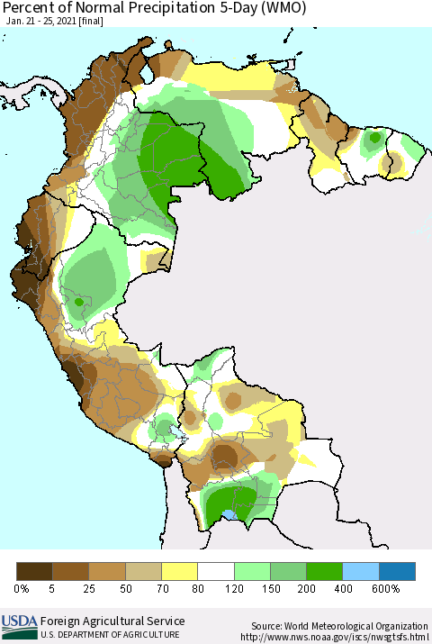 Northern South America Percent of Normal Precipitation 5-Day (WMO) Thematic Map For 1/21/2021 - 1/25/2021