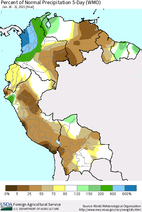 Northern South America Percent of Normal Precipitation 5-Day (WMO) Thematic Map For 1/26/2021 - 1/31/2021
