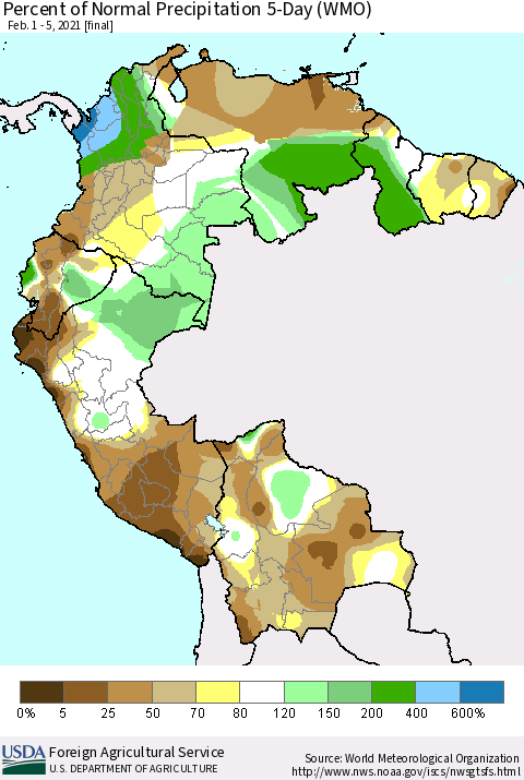 Northern South America Percent of Normal Precipitation 5-Day (WMO) Thematic Map For 2/1/2021 - 2/5/2021