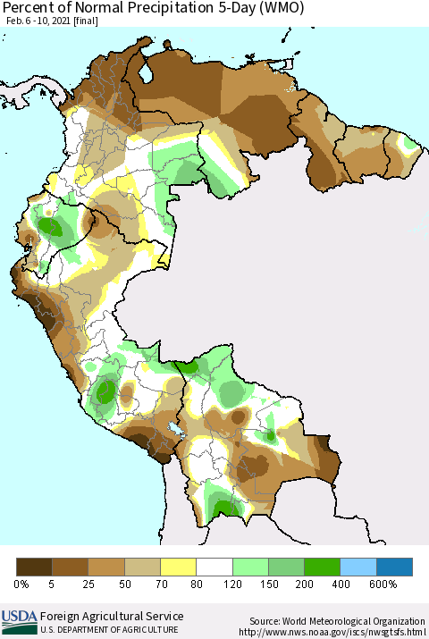 Northern South America Percent of Normal Precipitation 5-Day (WMO) Thematic Map For 2/6/2021 - 2/10/2021