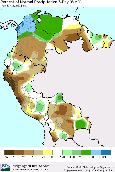Northern South America Percent of Normal Precipitation 5-Day (WMO) Thematic Map For 2/11/2021 - 2/15/2021
