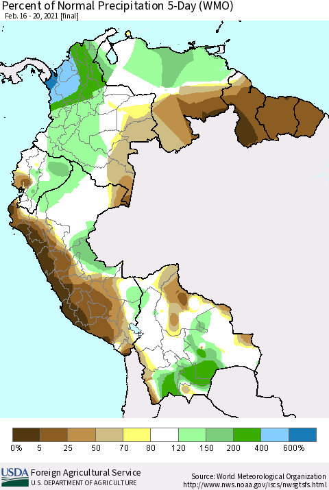 Northern South America Percent of Normal Precipitation 5-Day (WMO) Thematic Map For 2/16/2021 - 2/20/2021
