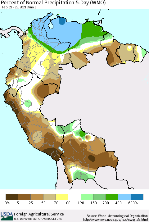 Northern South America Percent of Normal Precipitation 5-Day (WMO) Thematic Map For 2/21/2021 - 2/25/2021