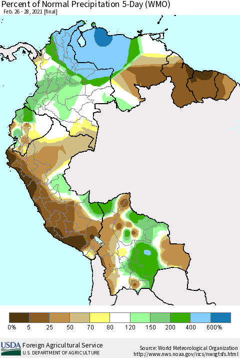 Northern South America Percent of Normal Precipitation 5-Day (WMO) Thematic Map For 2/26/2021 - 2/28/2021
