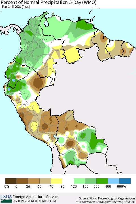 Northern South America Percent of Normal Precipitation 5-Day (WMO) Thematic Map For 3/1/2021 - 3/5/2021