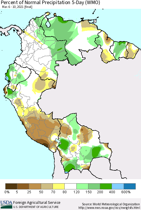 Northern South America Percent of Normal Precipitation 5-Day (WMO) Thematic Map For 3/6/2021 - 3/10/2021