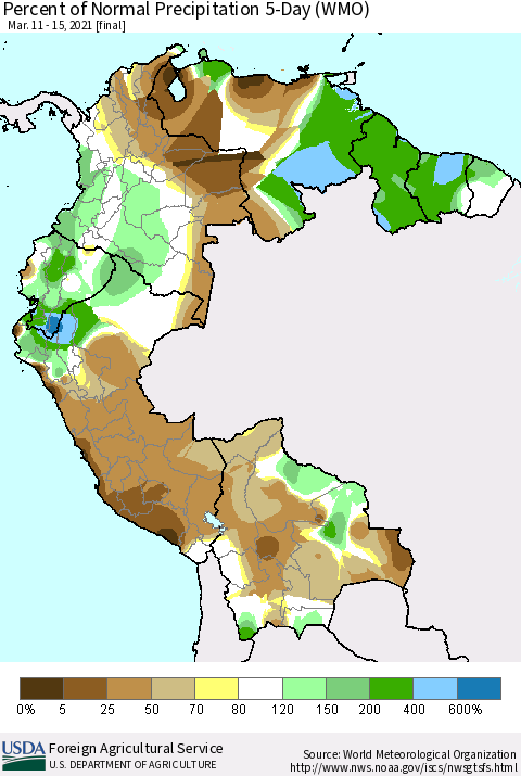 Northern South America Percent of Normal Precipitation 5-Day (WMO) Thematic Map For 3/11/2021 - 3/15/2021