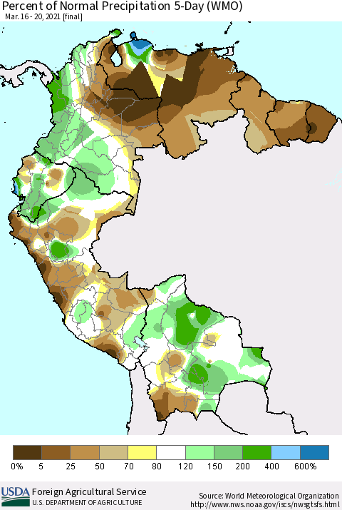 Northern South America Percent of Normal Precipitation 5-Day (WMO) Thematic Map For 3/16/2021 - 3/20/2021