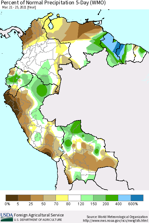 Northern South America Percent of Normal Precipitation 5-Day (WMO) Thematic Map For 3/21/2021 - 3/25/2021