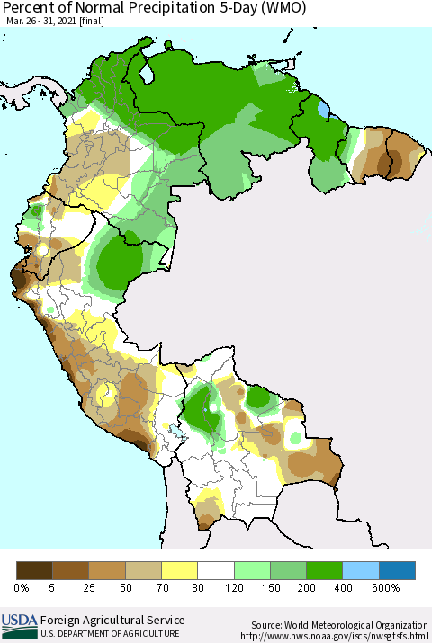 Northern South America Percent of Normal Precipitation 5-Day (WMO) Thematic Map For 3/26/2021 - 3/31/2021