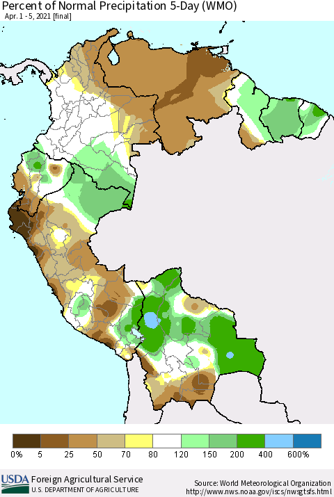 Northern South America Percent of Normal Precipitation 5-Day (WMO) Thematic Map For 4/1/2021 - 4/5/2021