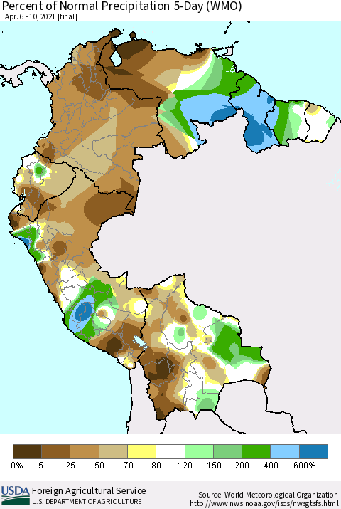 Northern South America Percent of Normal Precipitation 5-Day (WMO) Thematic Map For 4/6/2021 - 4/10/2021