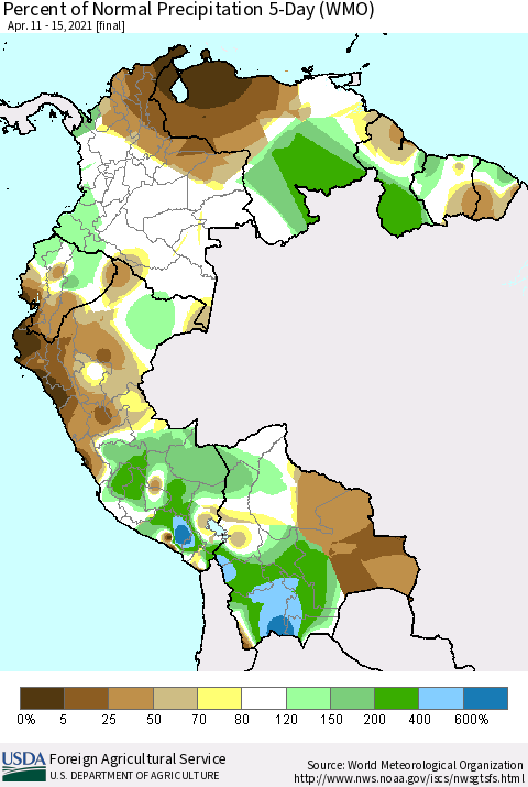 Northern South America Percent of Normal Precipitation 5-Day (WMO) Thematic Map For 4/11/2021 - 4/15/2021