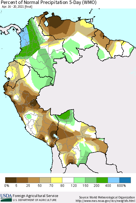 Northern South America Percent of Normal Precipitation 5-Day (WMO) Thematic Map For 4/16/2021 - 4/20/2021
