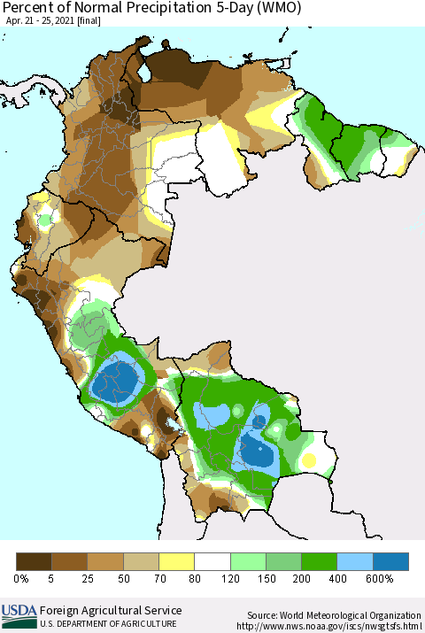 Northern South America Percent of Normal Precipitation 5-Day (WMO) Thematic Map For 4/21/2021 - 4/25/2021