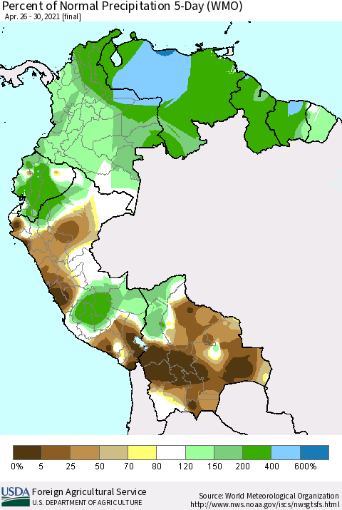 Northern South America Percent of Normal Precipitation 5-Day (WMO) Thematic Map For 4/26/2021 - 4/30/2021