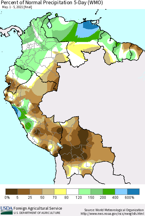 Northern South America Percent of Normal Precipitation 5-Day (WMO) Thematic Map For 5/1/2021 - 5/5/2021