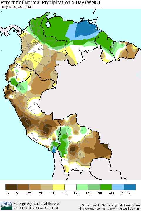 Northern South America Percent of Normal Precipitation 5-Day (WMO) Thematic Map For 5/6/2021 - 5/10/2021
