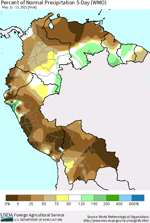 Northern South America Percent of Normal Precipitation 5-Day (WMO) Thematic Map For 5/11/2021 - 5/15/2021