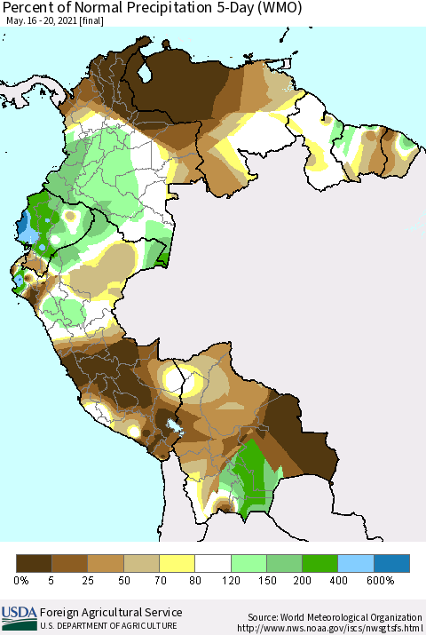 Northern South America Percent of Normal Precipitation 5-Day (WMO) Thematic Map For 5/16/2021 - 5/20/2021