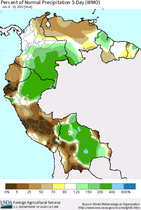 Northern South America Percent of Normal Precipitation 5-Day (WMO) Thematic Map For 6/6/2021 - 6/10/2021