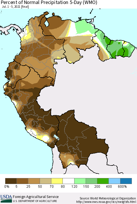 Northern South America Percent of Normal Precipitation 5-Day (WMO) Thematic Map For 7/1/2021 - 7/5/2021