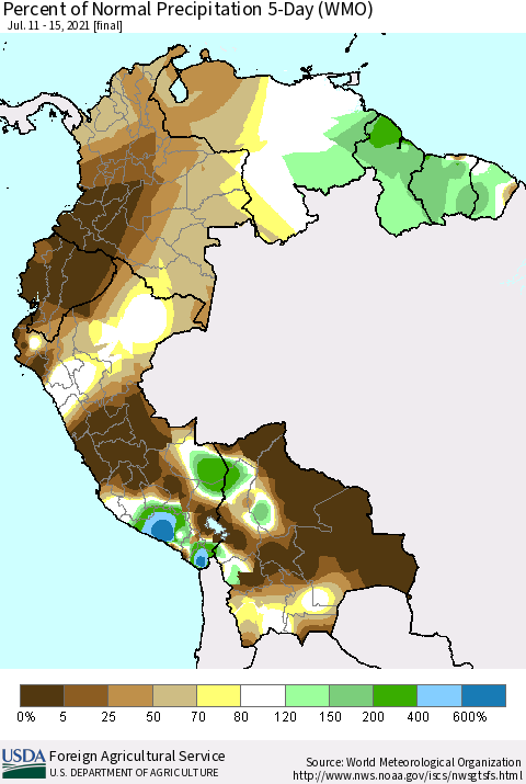 Northern South America Percent of Normal Precipitation 5-Day (WMO) Thematic Map For 7/11/2021 - 7/15/2021