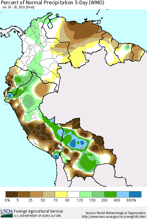 Northern South America Percent of Normal Precipitation 5-Day (WMO) Thematic Map For 7/16/2021 - 7/20/2021