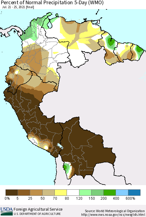 Northern South America Percent of Normal Precipitation 5-Day (WMO) Thematic Map For 7/21/2021 - 7/25/2021