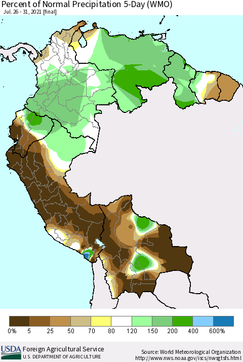Northern South America Percent of Normal Precipitation 5-Day (WMO) Thematic Map For 7/26/2021 - 7/31/2021