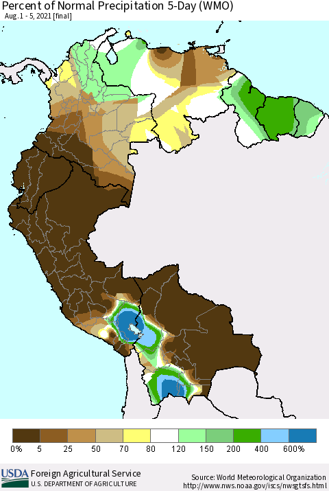 Northern South America Percent of Normal Precipitation 5-Day (WMO) Thematic Map For 8/1/2021 - 8/5/2021