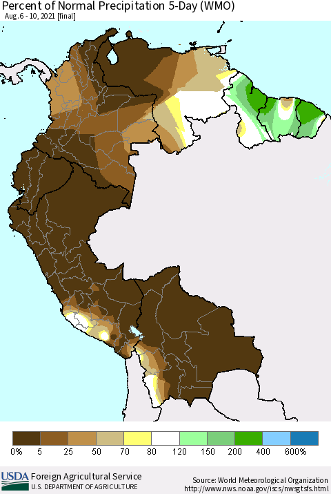 Northern South America Percent of Normal Precipitation 5-Day (WMO) Thematic Map For 8/6/2021 - 8/10/2021