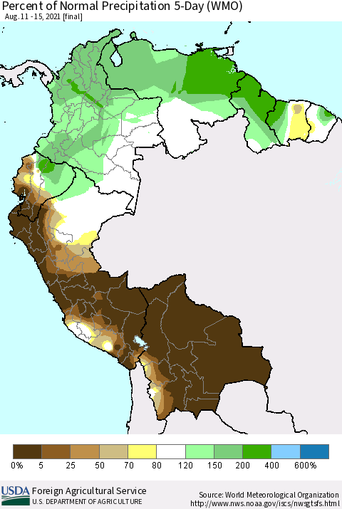 Northern South America Percent of Normal Precipitation 5-Day (WMO) Thematic Map For 8/11/2021 - 8/15/2021
