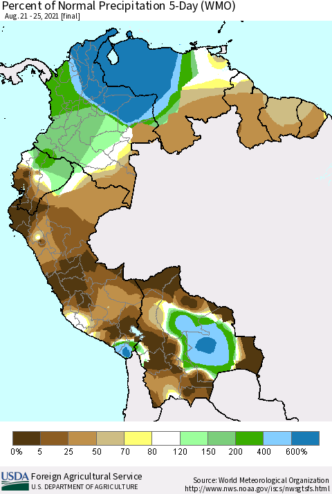 Northern South America Percent of Normal Precipitation 5-Day (WMO) Thematic Map For 8/21/2021 - 8/25/2021