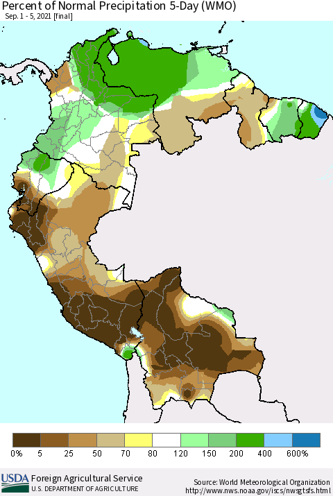 Northern South America Percent of Normal Precipitation 5-Day (WMO) Thematic Map For 9/1/2021 - 9/5/2021