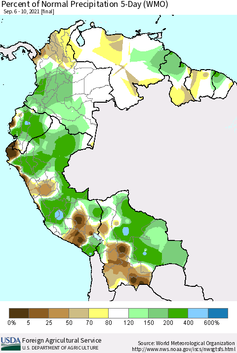 Northern South America Percent of Normal Precipitation 5-Day (WMO) Thematic Map For 9/6/2021 - 9/10/2021