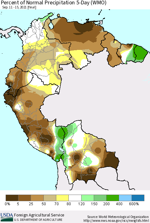 Northern South America Percent of Normal Precipitation 5-Day (WMO) Thematic Map For 9/11/2021 - 9/15/2021