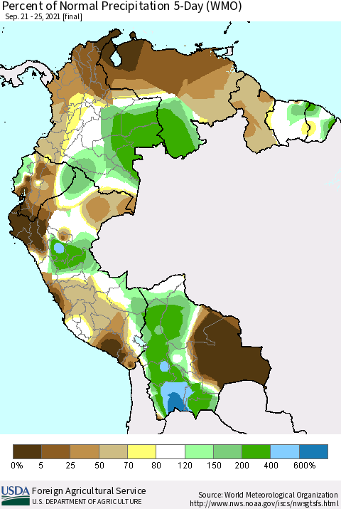 Northern South America Percent of Normal Precipitation 5-Day (WMO) Thematic Map For 9/21/2021 - 9/25/2021