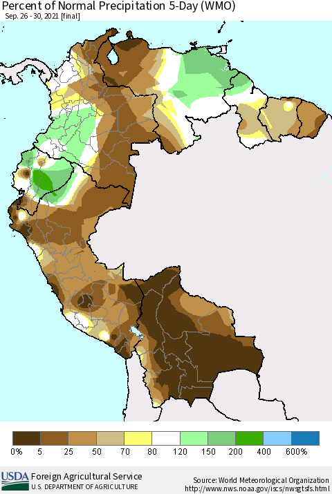 Northern South America Percent of Normal Precipitation 5-Day (WMO) Thematic Map For 9/26/2021 - 9/30/2021