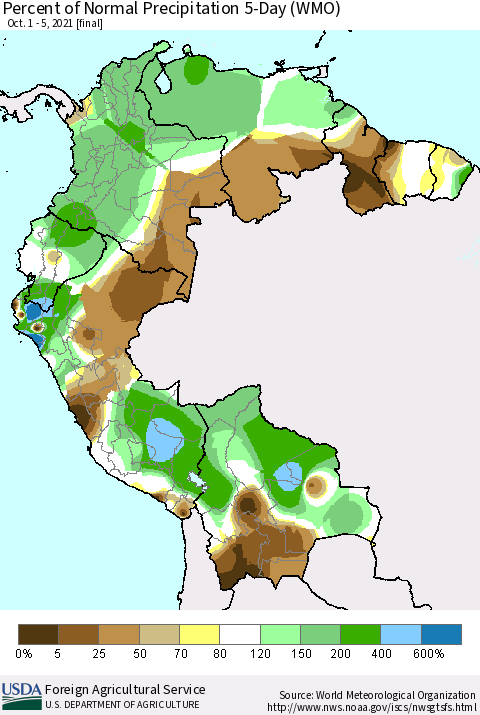 Northern South America Percent of Normal Precipitation 5-Day (WMO) Thematic Map For 10/1/2021 - 10/5/2021