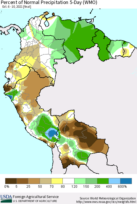 Northern South America Percent of Normal Precipitation 5-Day (WMO) Thematic Map For 10/6/2021 - 10/10/2021