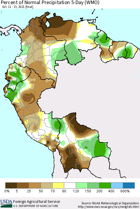 Northern South America Percent of Normal Precipitation 5-Day (WMO) Thematic Map For 10/11/2021 - 10/15/2021