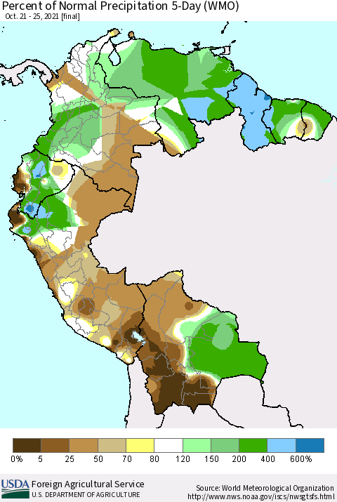 Northern South America Percent of Normal Precipitation 5-Day (WMO) Thematic Map For 10/21/2021 - 10/25/2021