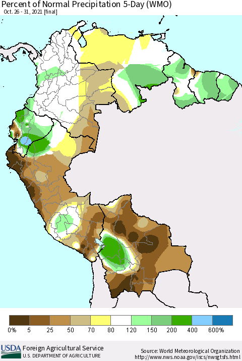 Northern South America Percent of Normal Precipitation 5-Day (WMO) Thematic Map For 10/26/2021 - 10/31/2021