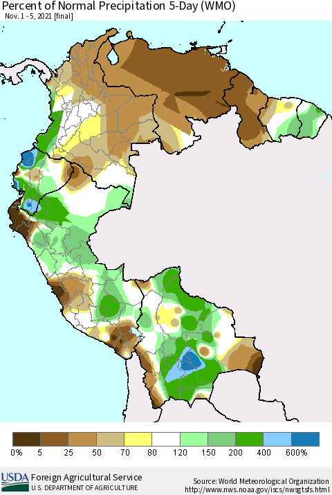 Northern South America Percent of Normal Precipitation 5-Day (WMO) Thematic Map For 11/1/2021 - 11/5/2021