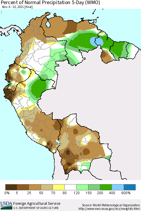 Northern South America Percent of Normal Precipitation 5-Day (WMO) Thematic Map For 11/6/2021 - 11/10/2021